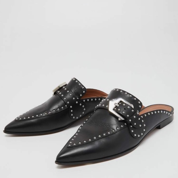 Givenchy Black Studded Leather Buckle Logo Detail Flat Mules